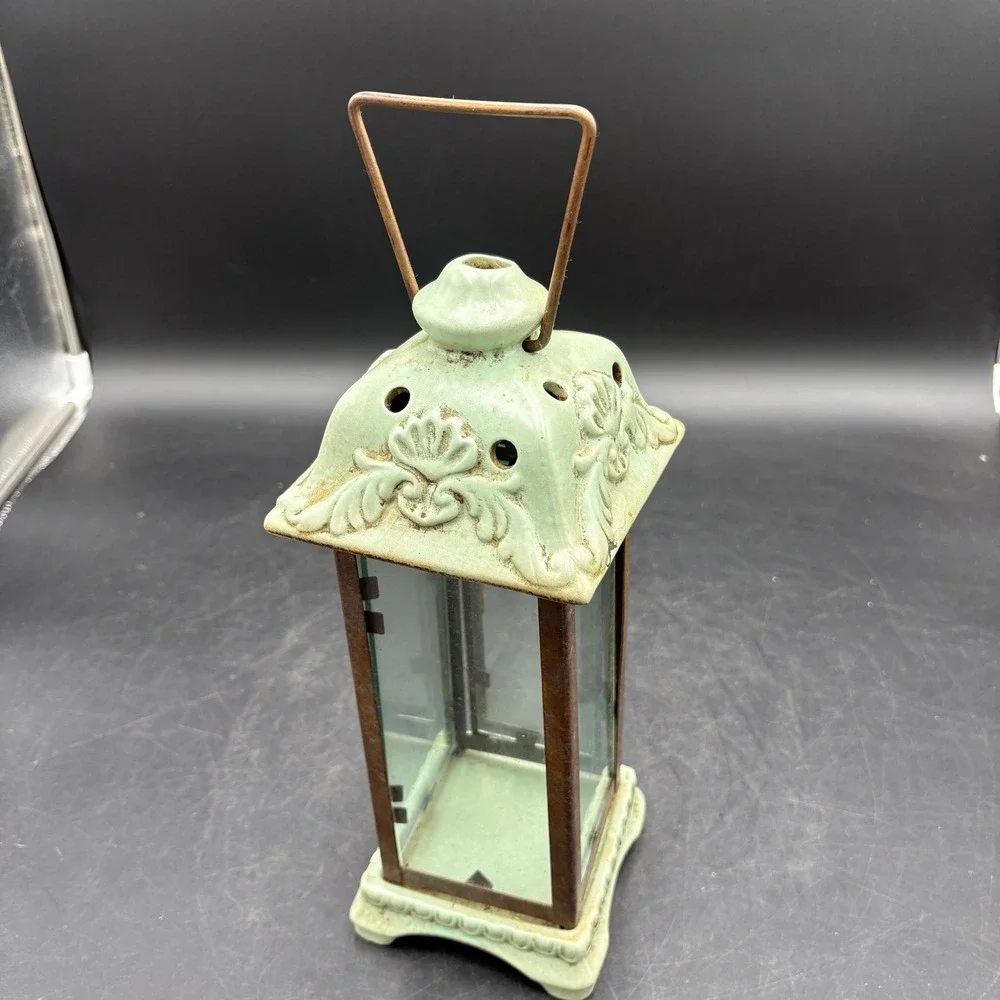Vtg Heavy Sage Green Ceramic and Metal Glass Candle Lantern Rustic Decor Patina